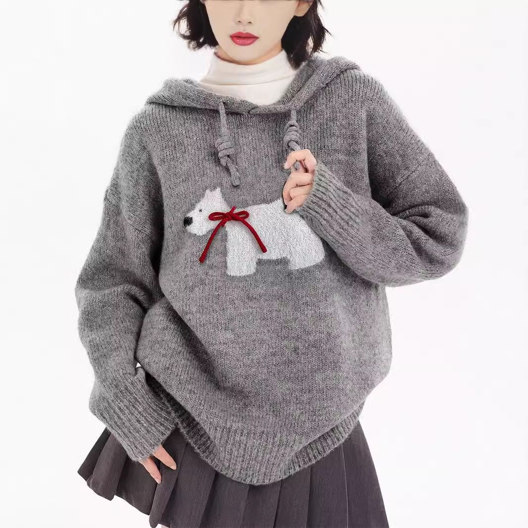 Grey Puppy Hooded Knitted Sweater 2024 New Explosions Cute Sweater Autumn and Winter Women's Lazy High-end Top