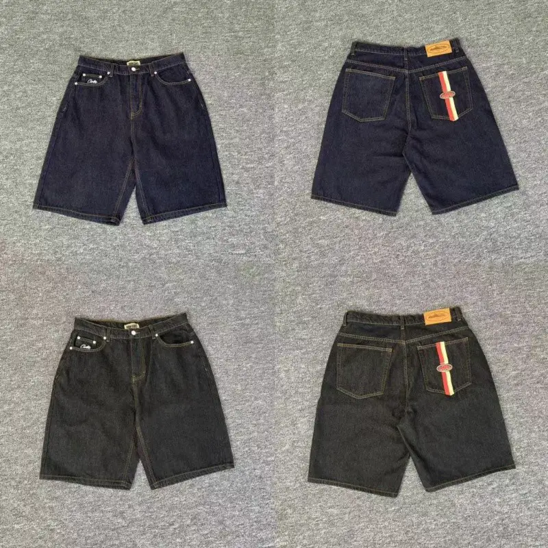 Alcatraz Double-Striped Straight-Leg Denim Shorts for Men, Vintage Loose Solid Color Casual Denim Knee-Length Shorts
