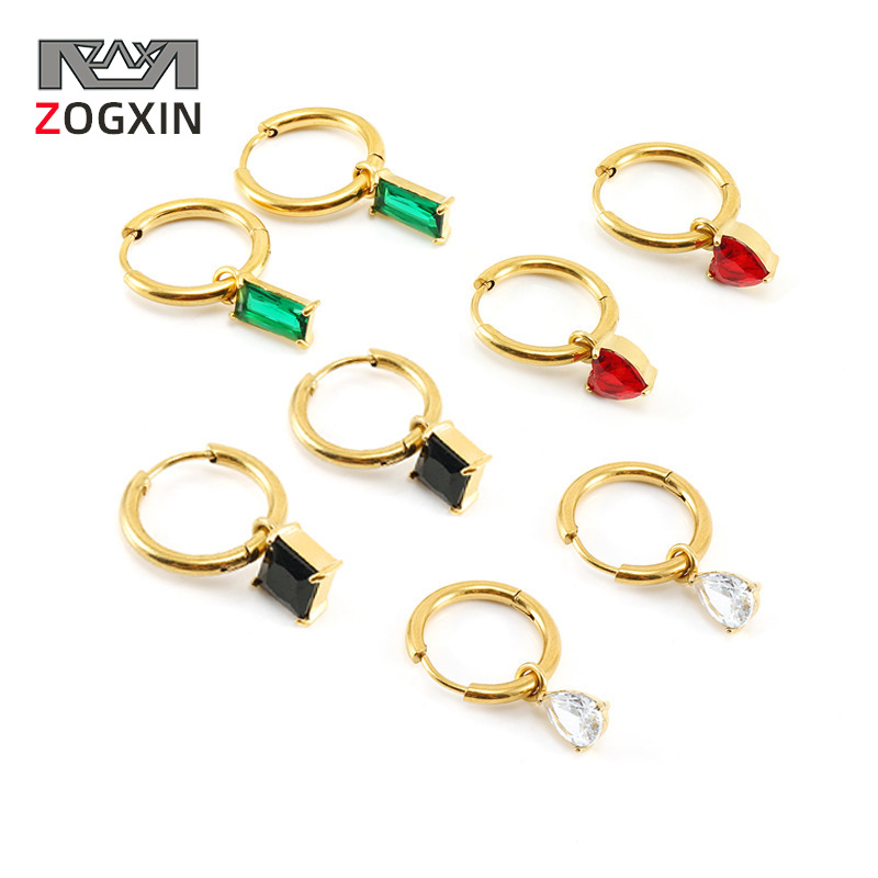 Cross-border titanium steel colored zircon earrings female European and American 18K stainless steel square diamond temperament ins earrings earrings female