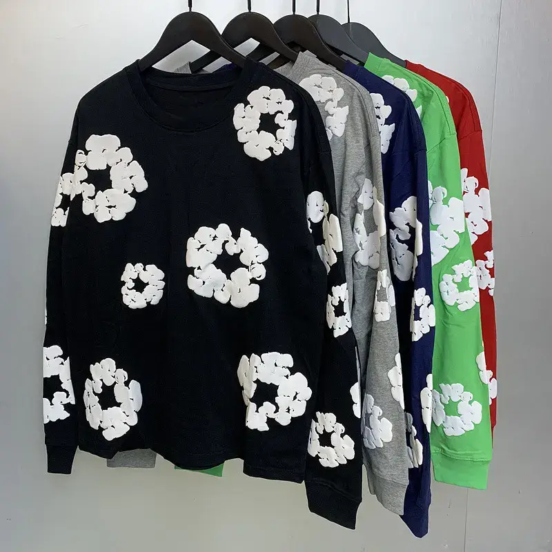 2025 flower foam printing men's and women's loose round neck sweater casual long sleeve T-shirt base shirt wholesale