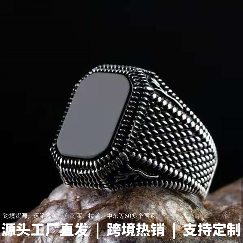 Long Rui cross-border hot-selling vintage natural imitation black square agate pattern ring copper men's personalized ring