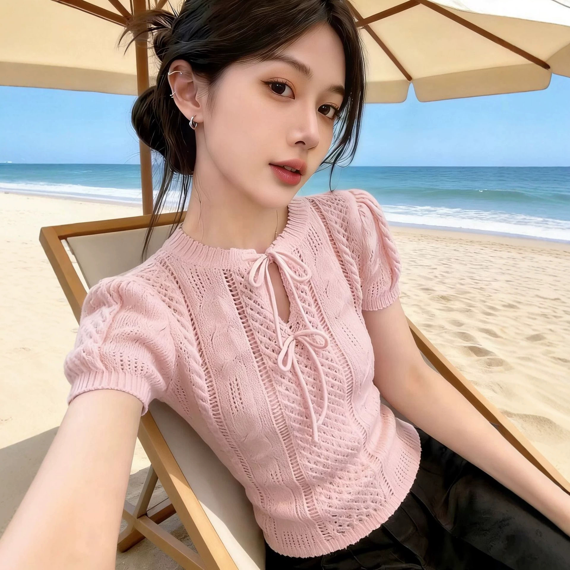 Gentle, Sweet, Versatile, Stylish Tops, Knitted Bottoming Shirts, New Summer Bow-Tie Short-Sleeved T-Shirts for Women