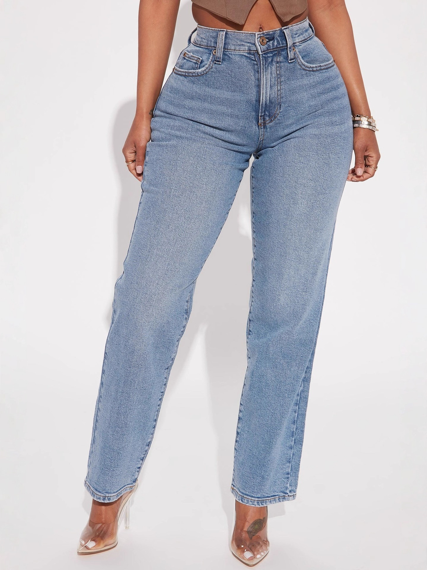 Cross-Border European and American 90S Retro Washed High-Waisted Straight Jeans for Women Vintage Mom Jeans Wholesale