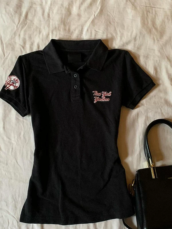Tu Tu and Aran Original Black Regular Shoulder Polo Collar Short-Sleeve T-Shirt for Women, Summer 2026 New American Style Top