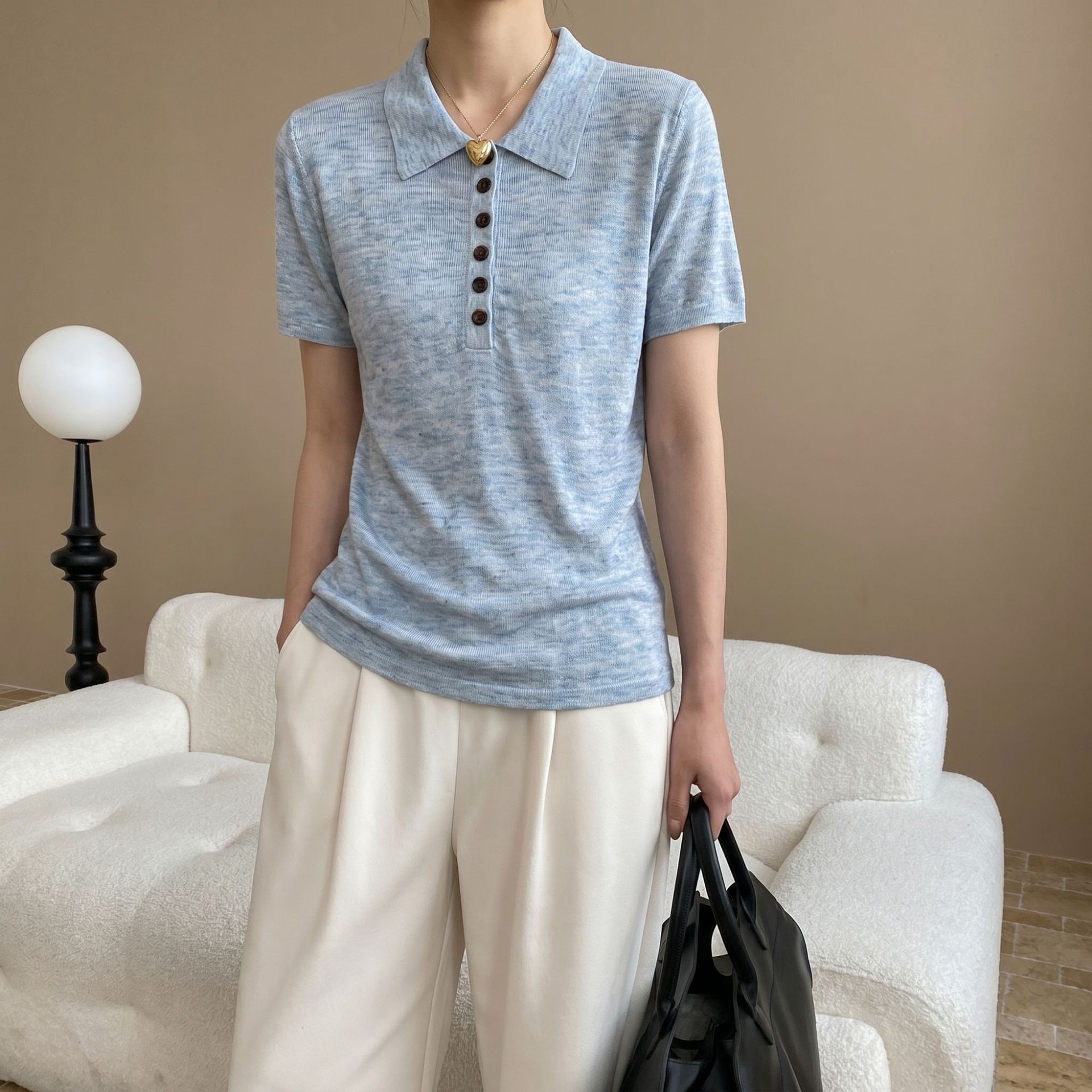 Summer New Style Linen Cool and Breathable Polo Collar Short-Sleeved T-Shirt for Women, Lazy and High-End Retro Slim-Fitting Top