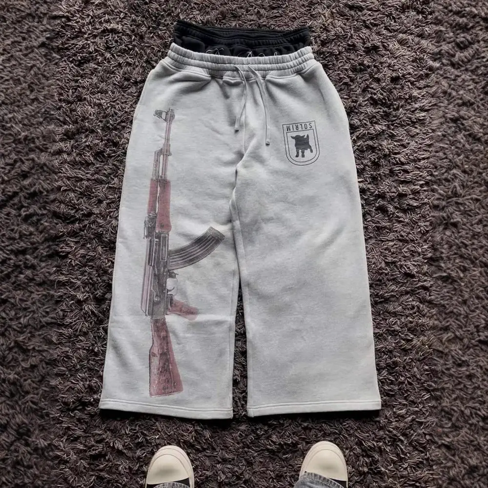 Y2K High Street European and American Cross-Border Ins Double Waist Printed Embroider Street Foldableing Trousers Sweatshirt Casual Straight Pants