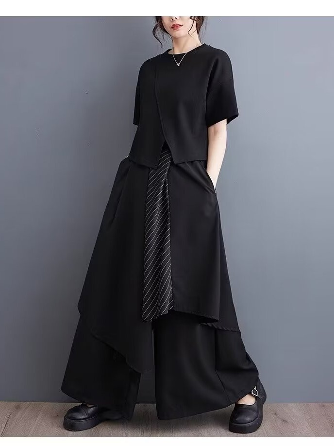 Pants men's and women's spring and summer new fashion versatile casual pants loose slimming high waist striped color matching wide leg culottes