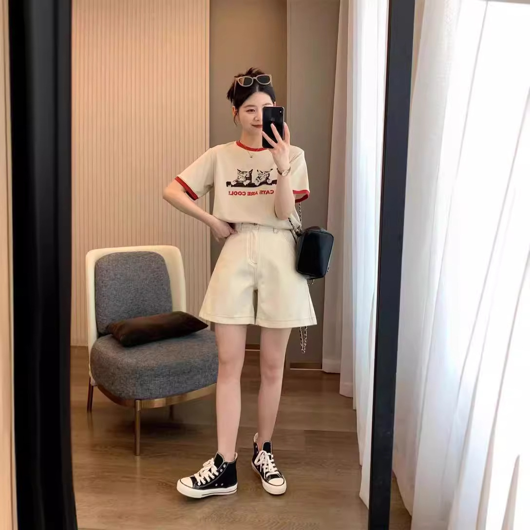 2024 summer new American retro cat printing stitching color contrast round neck short sleeve T-shirt