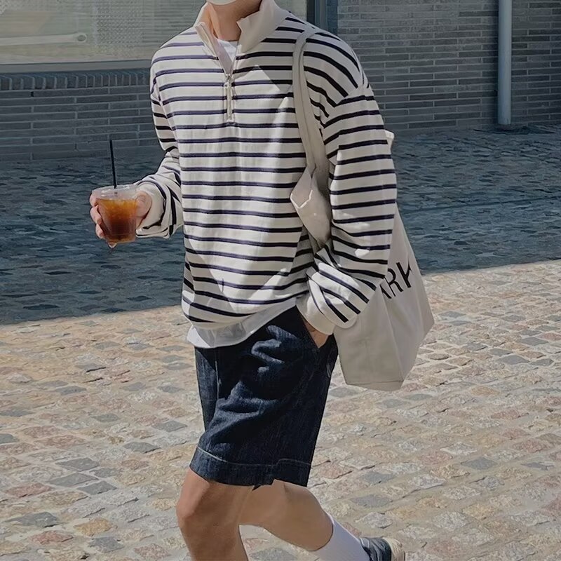 Korean Style Light Mature Style Striped Half Zipper Long Sleeve Sweatshirt Men's Spring and Autumn Ins Fashion Brand Set Collar Pullover Set Collar Jacket