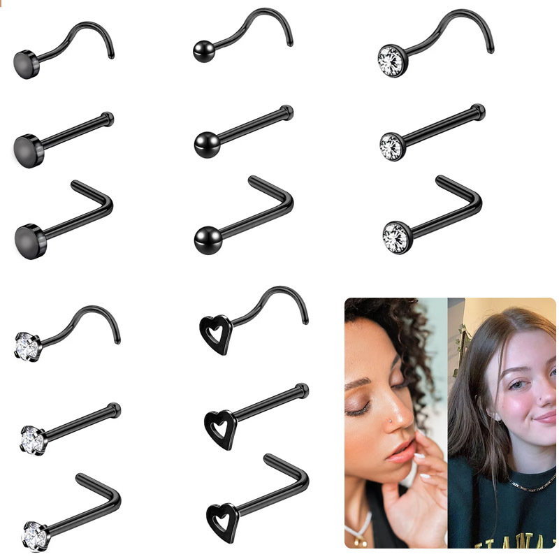 Claw Inlaid Zircon Nose Nail Mini Stainless Steel S/L/Straight Nose Ring Black Nose Hook Peach Heart Ear Nail Ear Bone Nail Piercing