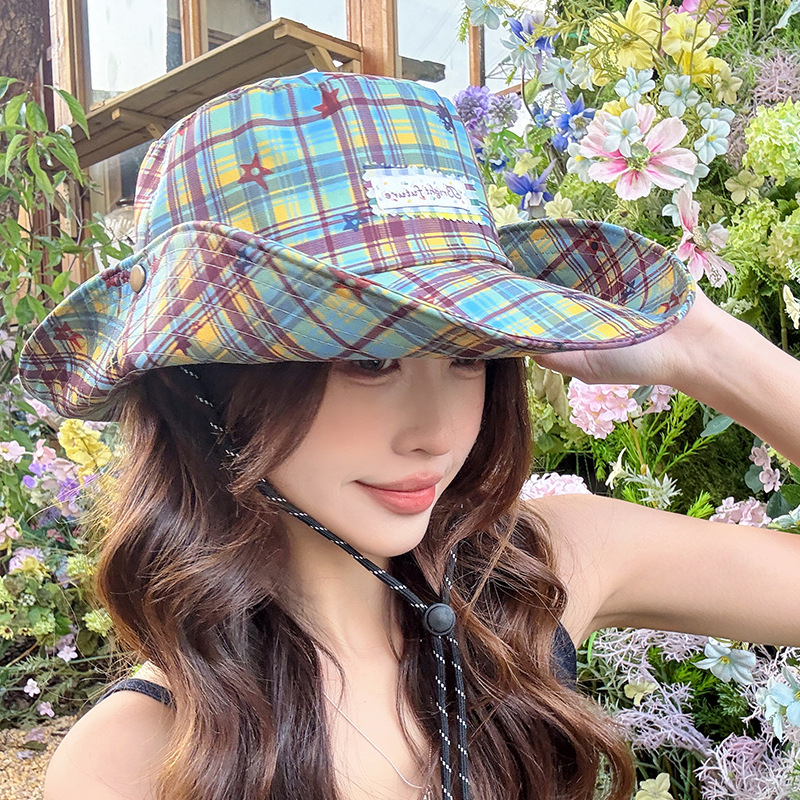 Retro Color-Blocked Plaid Fisherman's Hat, Summer Lightweight Large-Brimmed Sun Protection Hat, Outdoor Versatile Face-Covering Sun Hat