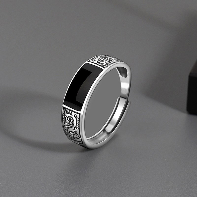 Vintage Dragon Pattern Ring Men's Trendy ins Distinctive Open Ring Fashionable Simple Ethnic Style Black Men's Single Ring