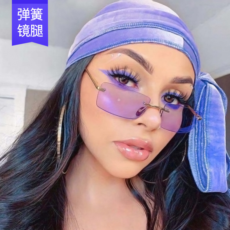 Rimless Sunglasses for Women, Square Small Frame, Ocean Lens, Spring Legs, Trendy Street Style Cross-Border Sunglasses