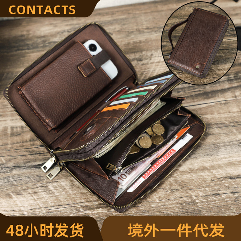 Black Angel retro Crazy Horse cowhide airtag tracker men's clutch RFID anti-theft brush leather handbag