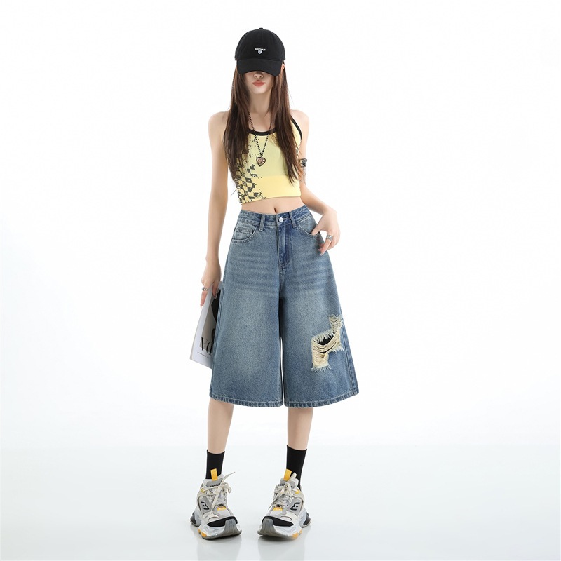 Summer Denim Cropped Pants for Women, Distressed and Vintage-Style, Thin Wide-Leg Mid-Length Pants, Loose Fit with Holes, Straight-Leg Mid-Length Pants, Retro Ripped Design
