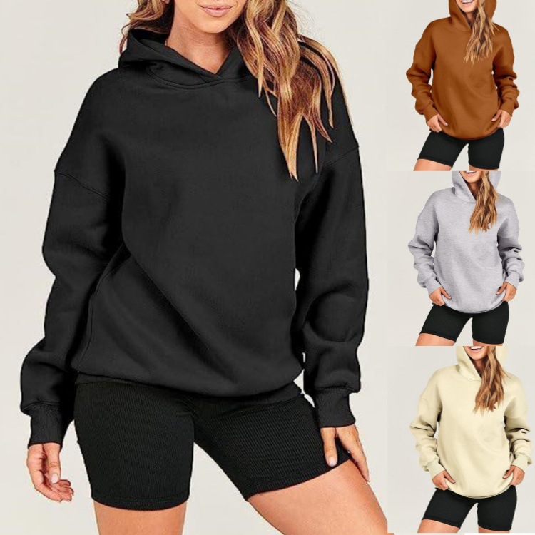 2024 autumn and winter new cross-border women's loose hooded sweater foreign trade women's sports leisure long sleeve solid color top