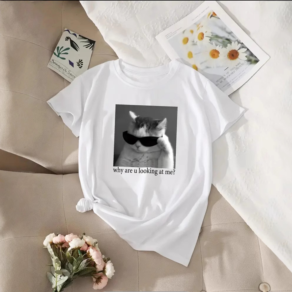 Cat Printed Short-sleeved T-shirt White Top Cotton Shoulder Summer New