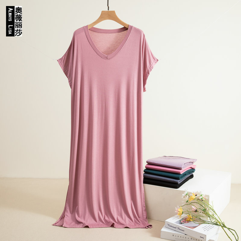 Modal V-neck Dress Women's Summer Large Size Loose Thin Short-sleeved Home Nightdress A- line Dress Large Swing Dress Long Dress