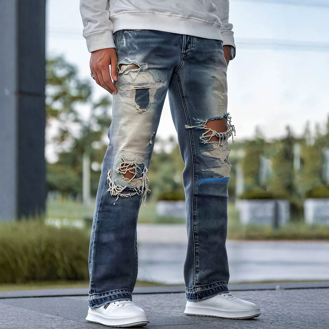 Ripped Jeans Unisex High Street Vintage Washed Distressed Long Pants Men's American Style Slim Straight Cross-Border