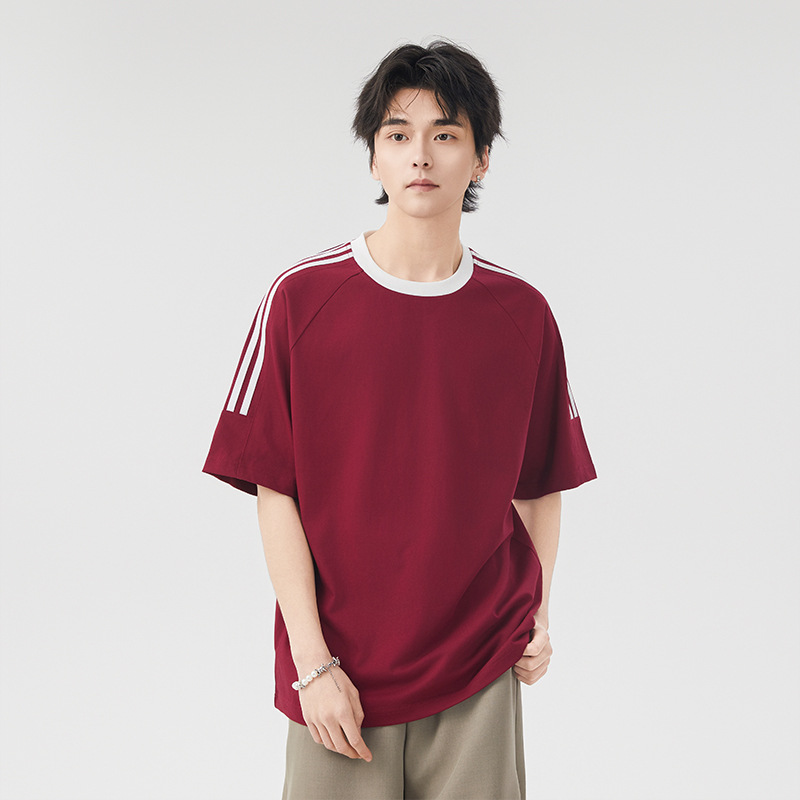 American Retro Three-Stripe Raglan Sleeve Short-Sleeved T-Shirt Men's Summer Couple Basic Loose Off-Shoulder Half-Sleeved Top