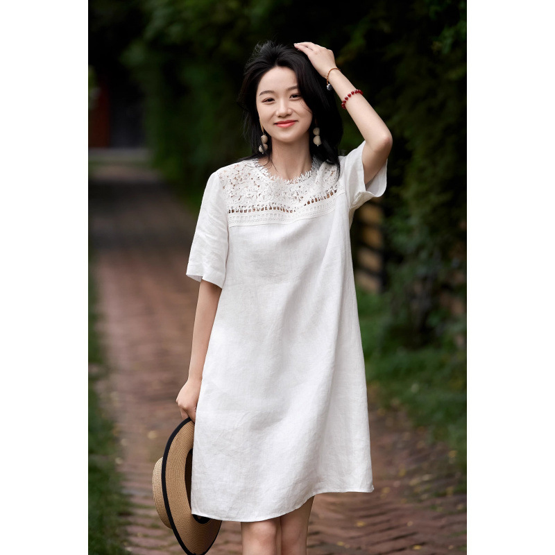 Loose Round Neck Straight Dress for Women 2026, Fresh and Breathable Cotton-Linen Lace Splicing, Elegant Mid-Length Dress