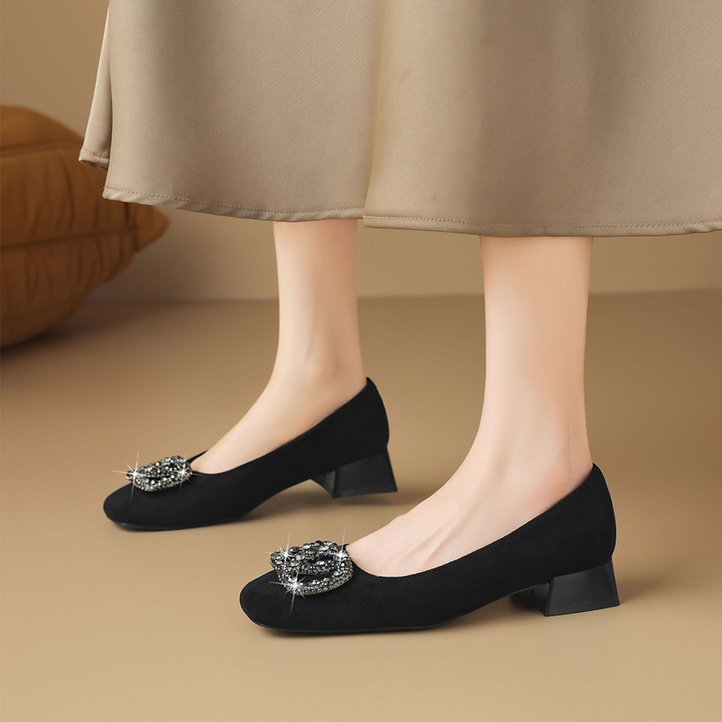 Zhr Is a Fashionable and Elegant Rhinestone Square-Toe Chunky Heel Shallow-Mouth Single Shoe, 2026 Spring New Versatile Commuter Women's Shoe