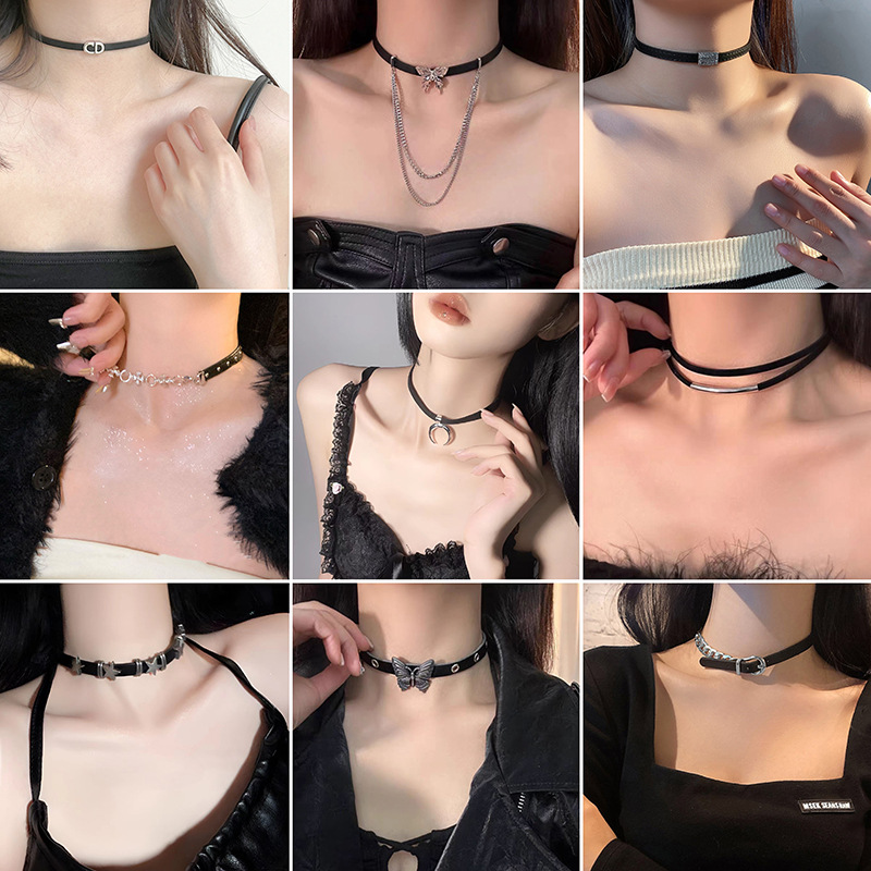 Y2K Sweet Cool Hot Girl Butterfly Necklace Personality Punk Clavicle Chain Diablo Trend Necklace Leather Choker Collar