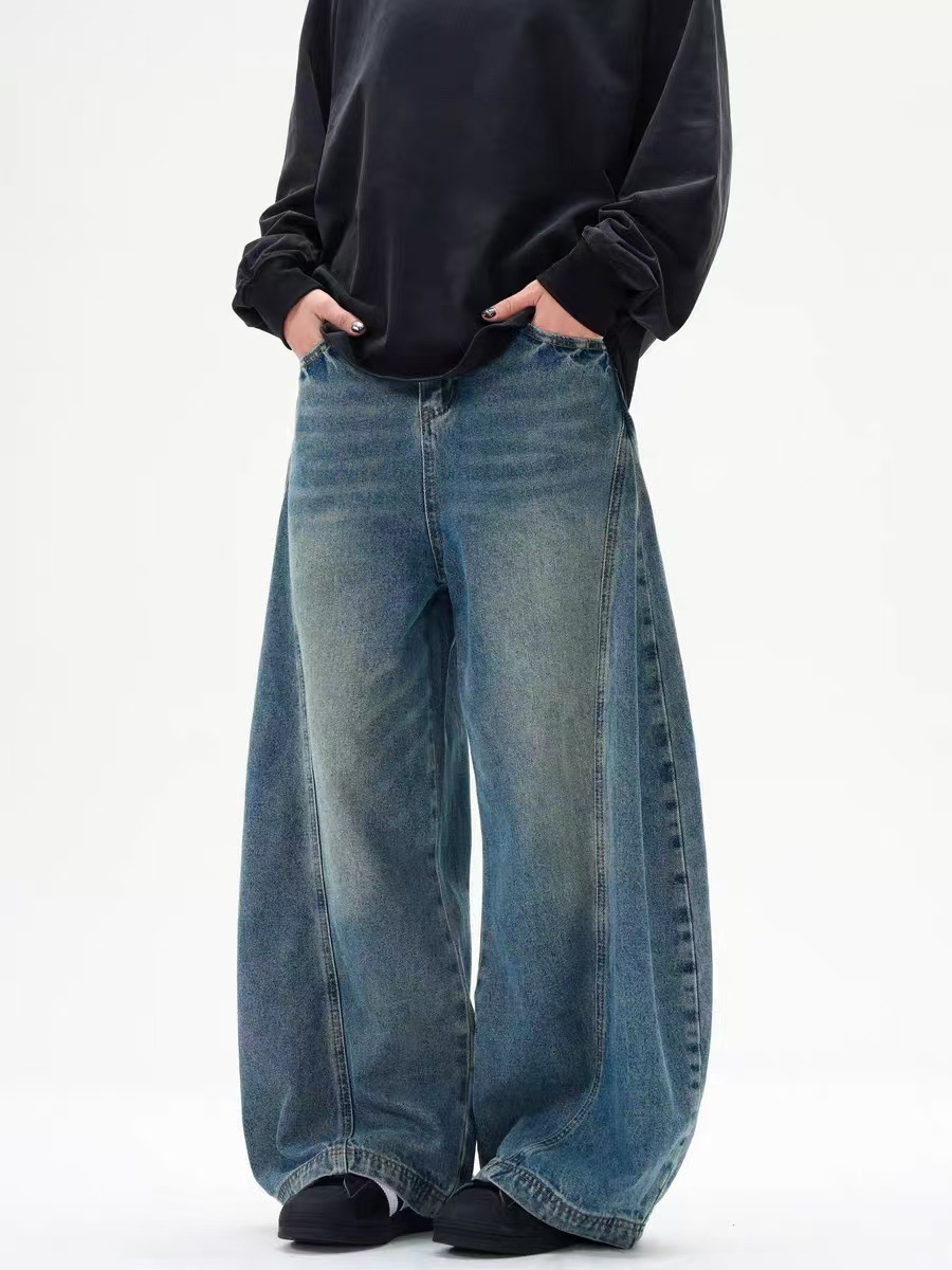 American Style Vintage Washed Old Scimitar Design Jeans Trendy Brand Wide Leg Loose Long Pants for Men and Women