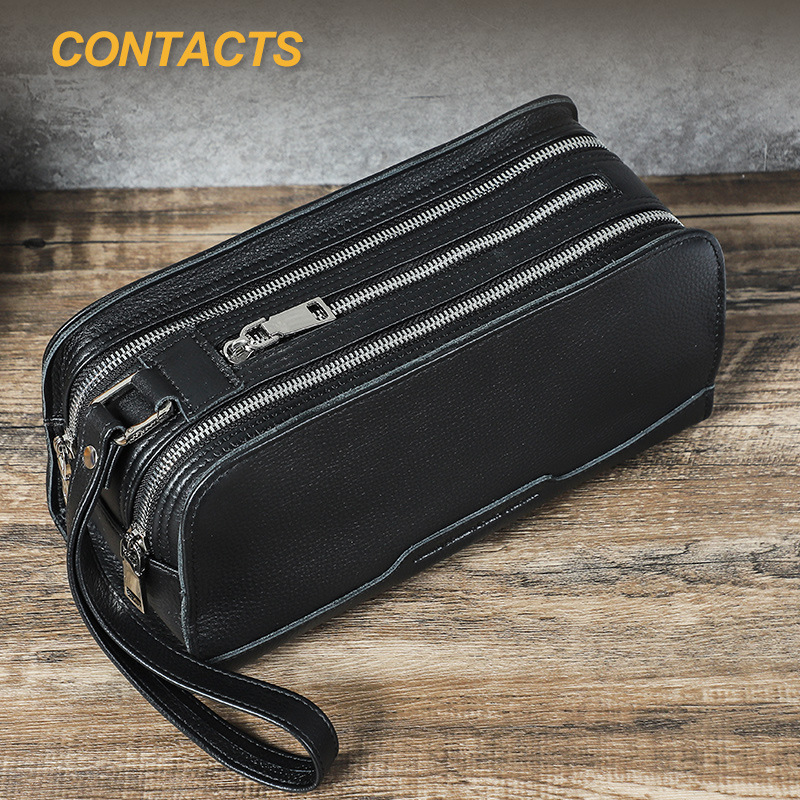 Black Angel Full-Grain Textured Leather Multi-Zipper Bag with Wrist Strap Storage Pouch Portable Genuine Leather Zipper Bag