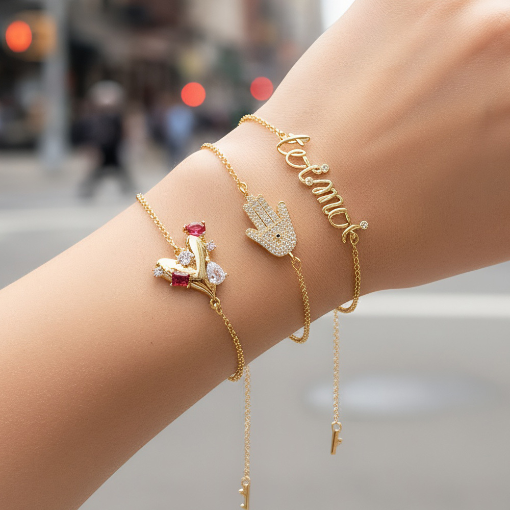 2026 New Cross-Border Copper Zircon Palm Heart Pull-Out Bracelet with Letters, Personalized and Stylish Bracelet for Women