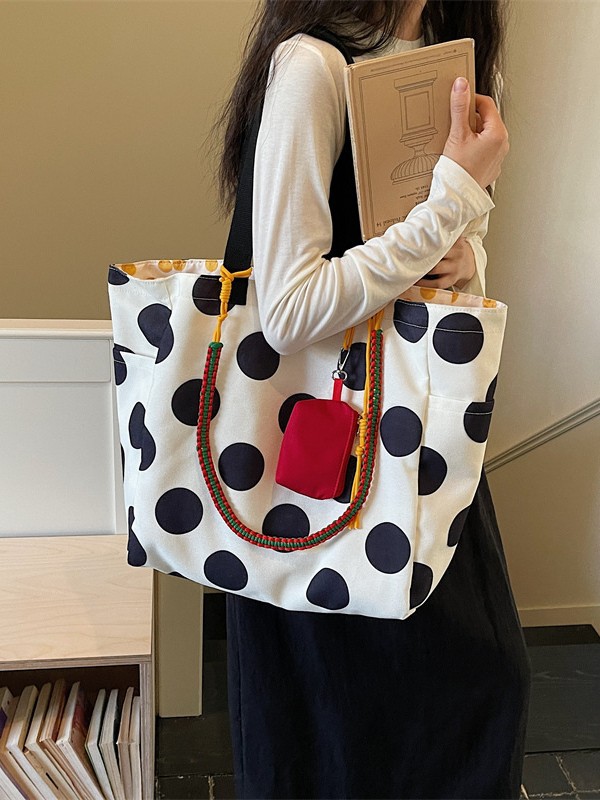 New Korean-Style Polka Dot Shoulder Bag, Lazy Style, Large Capacity Tote Bag for Students Commuting to Class, Double-Sided Canvas Bag