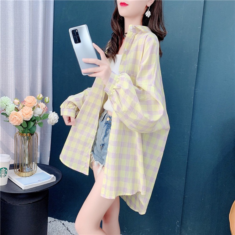 Plaid Shirt Women's Summer Spring and Autumn Sunscreen Shirt Jacket Large Size Loose Korean Cardigan Thin Sunscreen Clothing Factory Outlet
