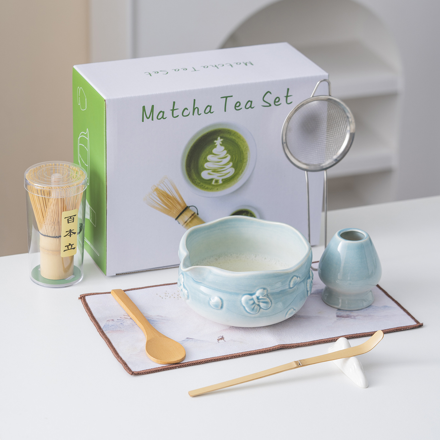 Bowknot Ceramic Matcha Bowl with Spout, Tea Whisk, Tea Mat, Tea Towel, Matcha Tools, Tea Set