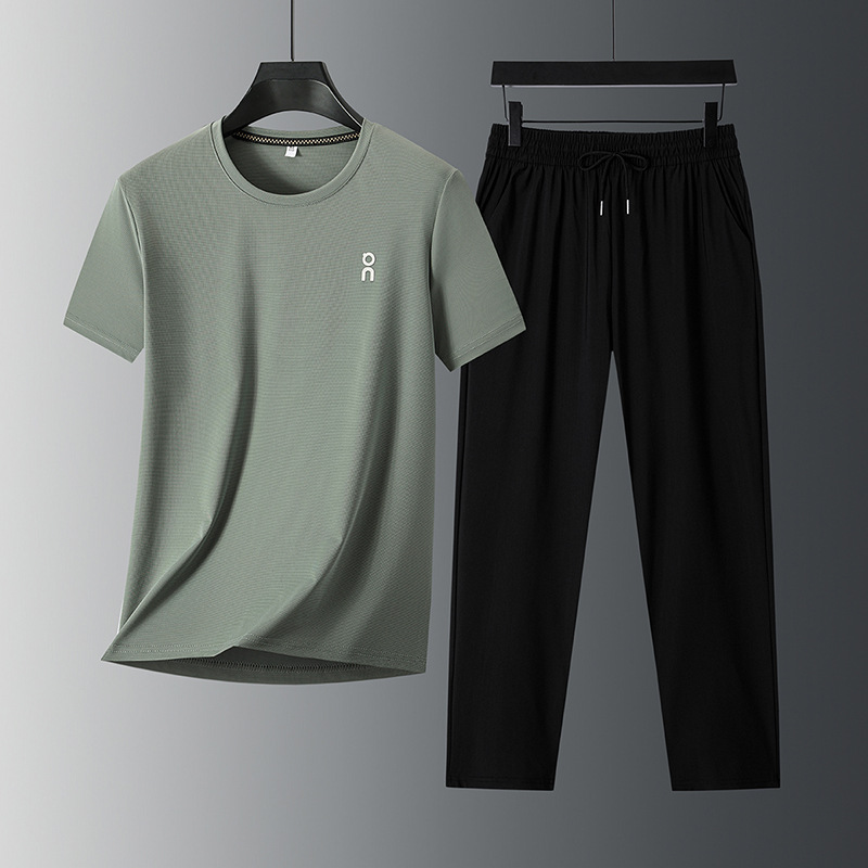Summer Men's Round Neck Short-Sleeved T-Shirt Ice Silk Pants Two-Piece Set Middle-Aged Pure Color T-Shirt Casual Sports Suit