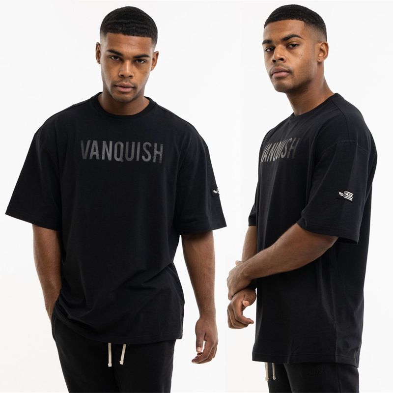 VANQUISH Men's Oversized T-shirt Gym Sports Fitness Pure Cotton Round Neck Short Sleeve Summer Casual T-shirt Top