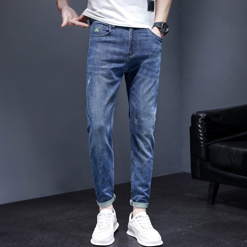 Weihua Early Autumn Men's Trendy Brand Slim-Fit Blue Cropped Jeans for Teenagers Casual Wear