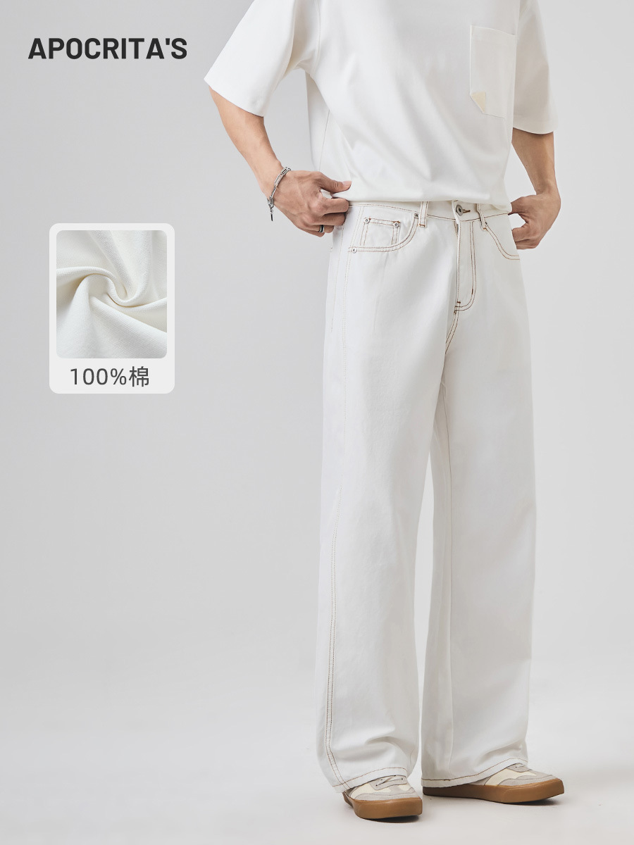 Apo Men's Clothing | Cross-Border Pure Cotton White Jeans for Men, Spring Season, High-End Versatile Loose Straight-Cut Canvas Trousers.