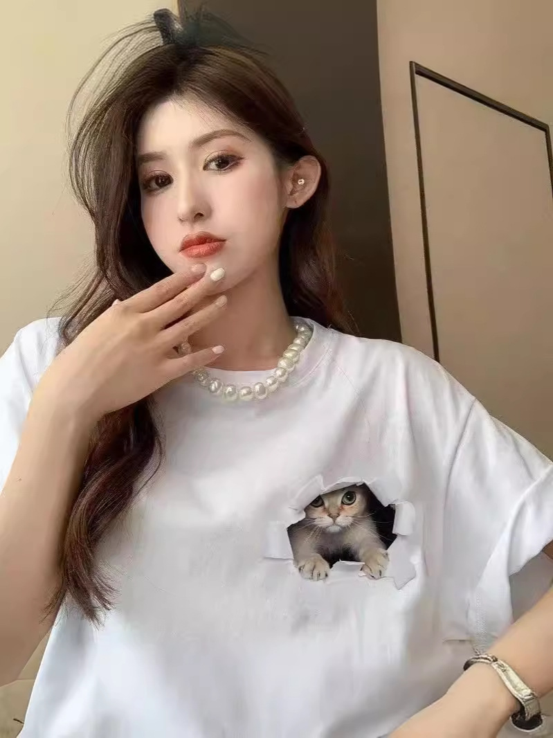 Small Cats Cotton Short-sleeved T-shirt Women's 2025 Spring and Summer New Sweet Cute Half-sleeved T-shirt All-match Korean Style