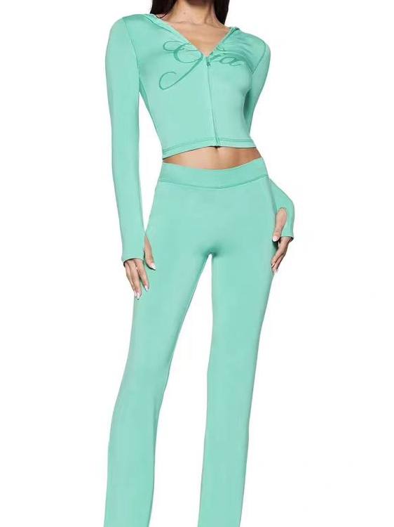 Iamgia Slim-Fit Letter Print Top with Visible Stitching Design, Slim-Fit Hooded Zip-Up Short Jacket and Pants Set