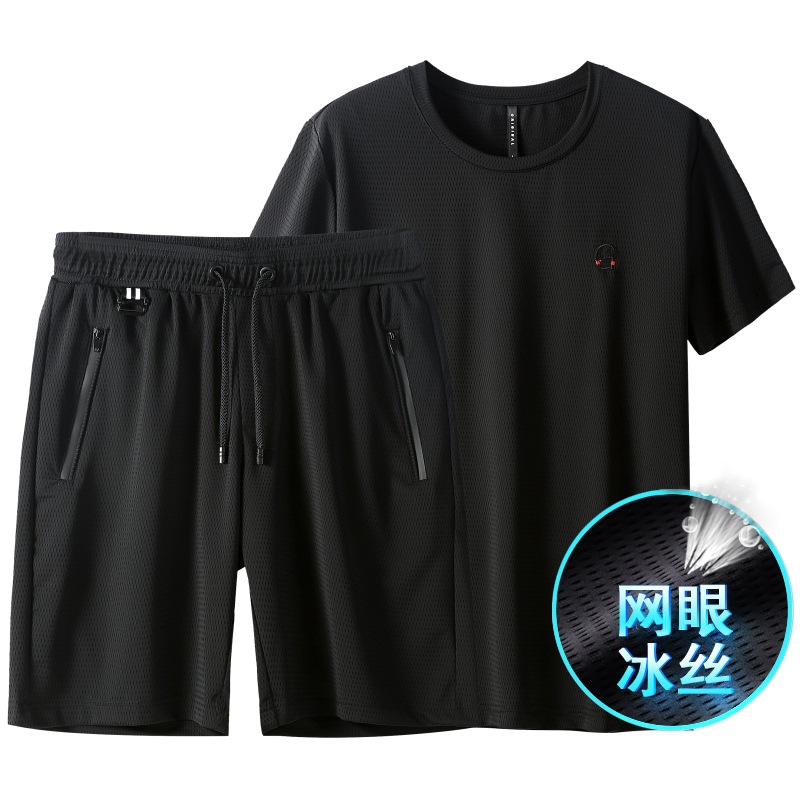 Summer Five-Point Casual Pants for Men, Ice Mesh Men's Suit, Breathable Ultra-Thin Sports Pants, Quick-Drying Round Neck Suit for Men