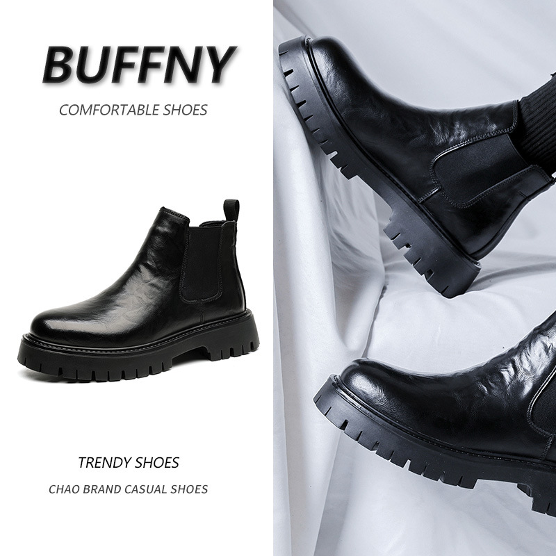 New style clutch pattern mid-top fashion Martin boots autumn and winter Chelsea leather boots British style height increasing high-top leather shoes for men