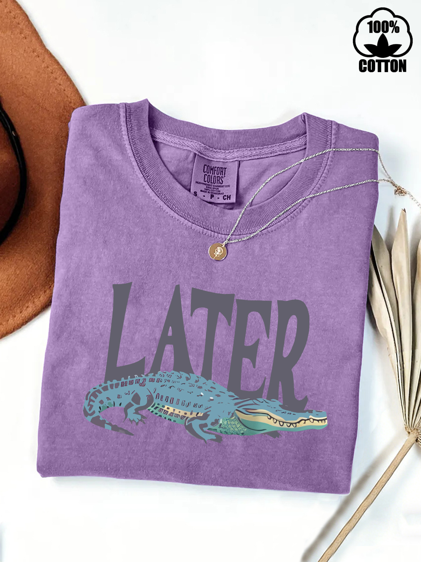 Cross-Border Foreign Trade Pure Cotton Washed Cotton T-Shirt with the Slogan "See You Later, Crocodile!" Short-Sleeved Women's Fashion T-Shirt Wholesale