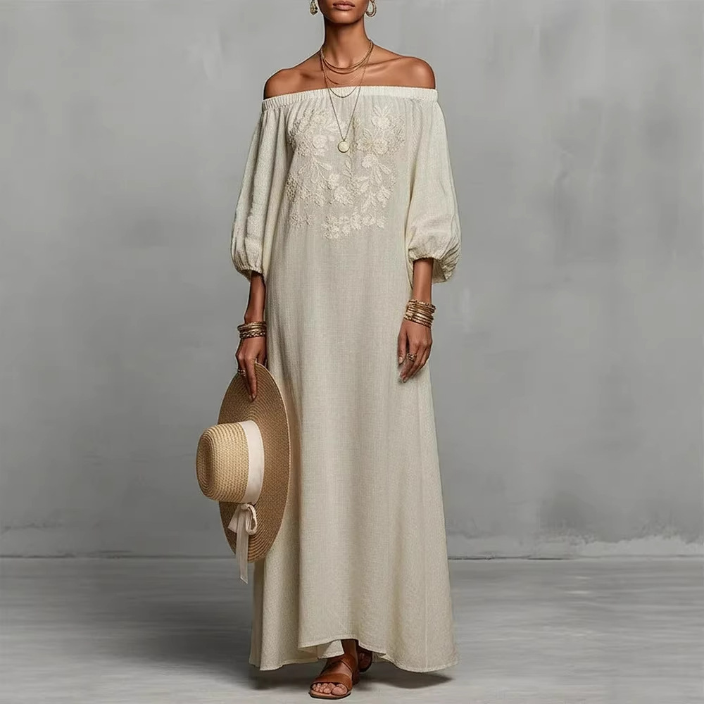 2026 Independent Website Elegant Floral Off-Shoulder Long Dress Vacation Dress Amazon Temu