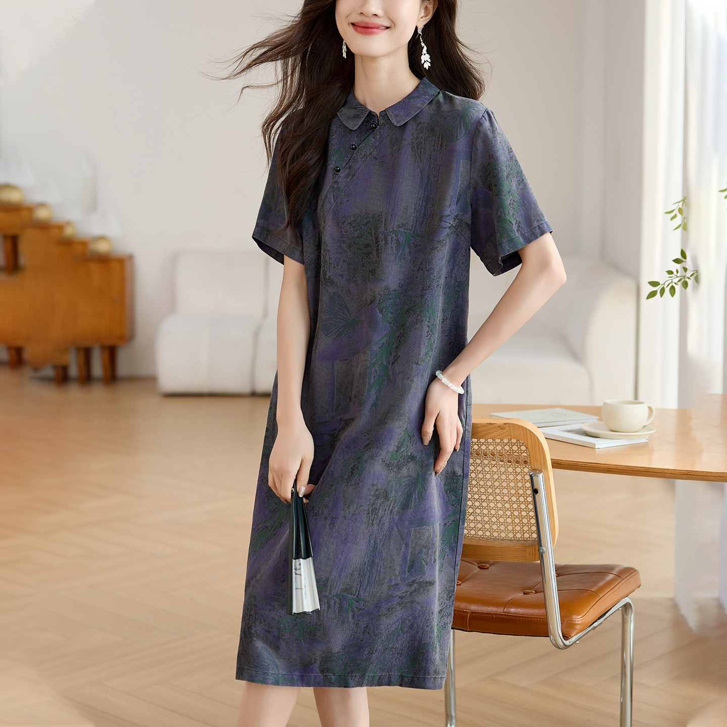 Plus-Size Tencel Dress for Women, Summer Outfit for Middle-Aged Moms, Elegant New Chinese-Style Improved Qipao Dress