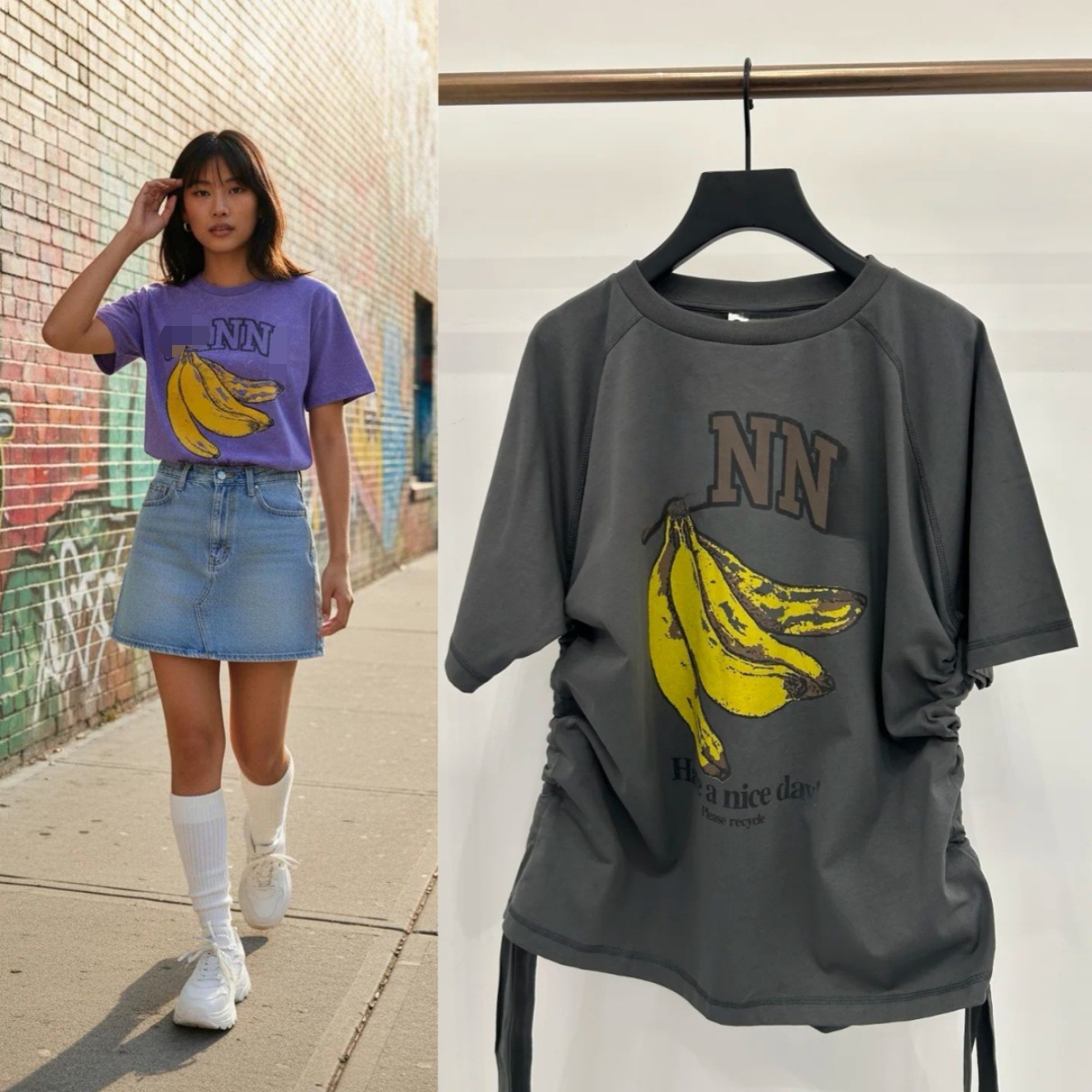 2026 Summer New Niche Designer Letter Banana Print Round Neck Pure Cotton Distressed Loose Short-Sleeved T-Shirt for Women