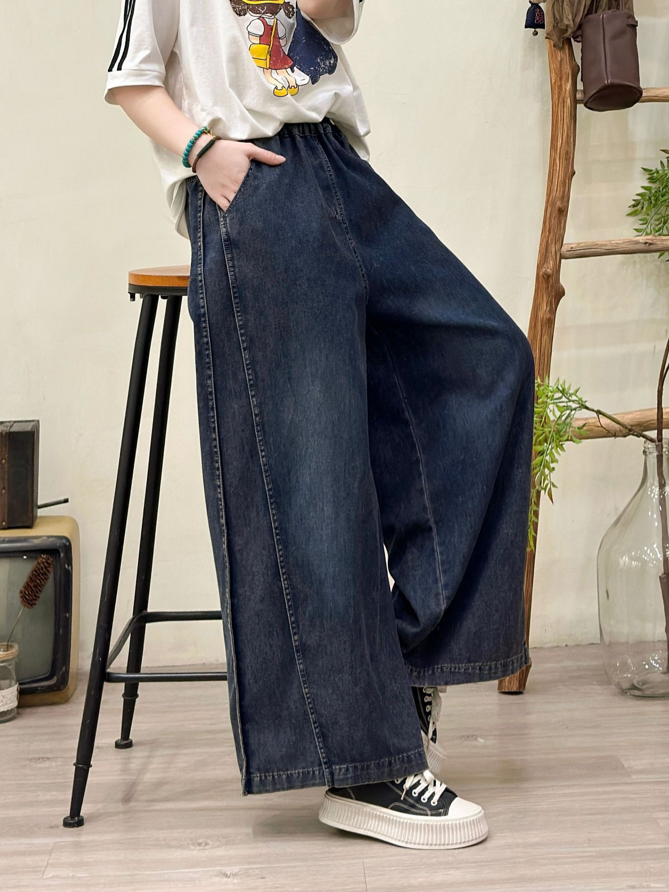 2026 Spring Women's Loose Casual Korean Style Wide-Leg Jeans with Elastic Waist College Style Pants Jeans