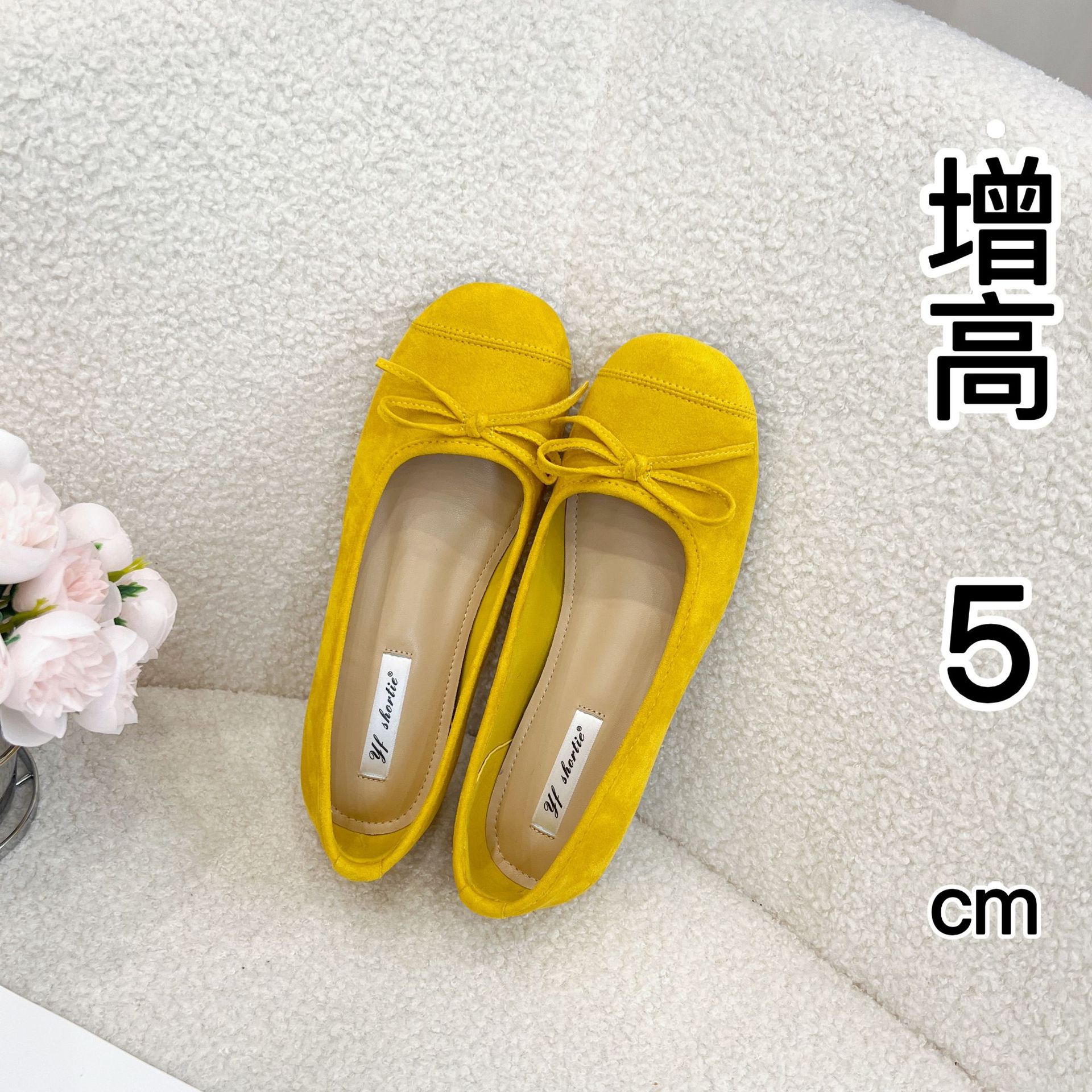 Increased 5cm Suede Bow Round Toe Shallow Mouth Shoes Women's 25 Spring New Retro Slip-on Flat Ballet Shoes