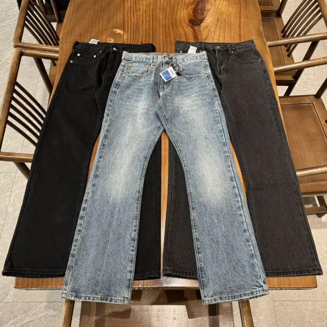 Factory Director 517 Micro-Pull Denim Pants Black Gray Blue Marbling Washed Distressed Loose Cleanfit Men and Women