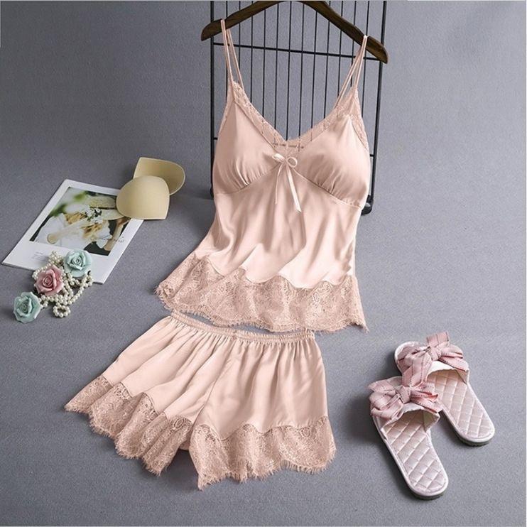 Loose Suspender Korean Style Two-Piece Pajamas for Women Summer Ice Silk with Breast Pads Spring and Autumn Shorts Suit Home Wear Thin Style