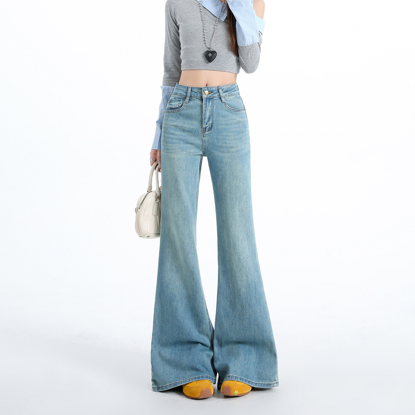 2026 Spring New Vintage Blue High-Waisted Flared Jeans for Women, Loose Fit, Slimming, Floor-Length, Bootcut Pants